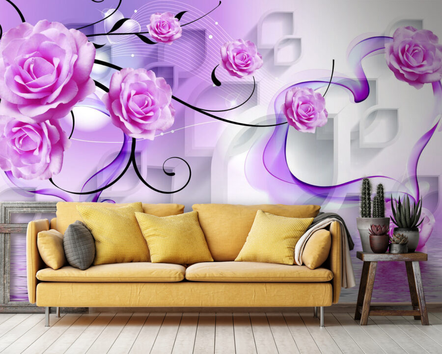 Papel de parede Rosas púrpura e redemoinhos num fundo branco