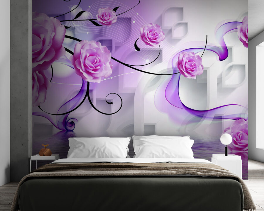 Papel de parede Rosas púrpura e redemoinhos num fundo branco - Image 2