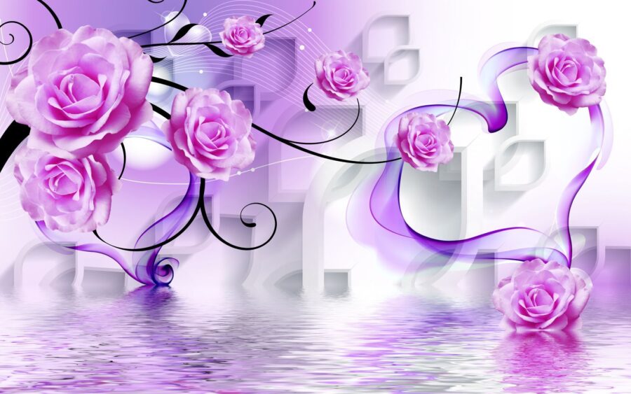 Papel de parede Rosas púrpura e redemoinhos num fundo branco - Image 4