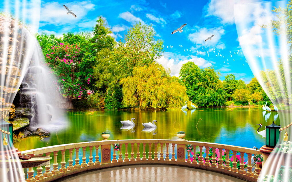 Vista de um lago com pássaros e árvores Vista de um lago com pássaros e árvores