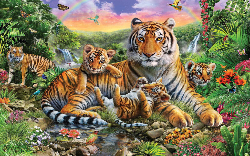 Grupo de tigres deitados num rio Grupo de tigres deitados num rio