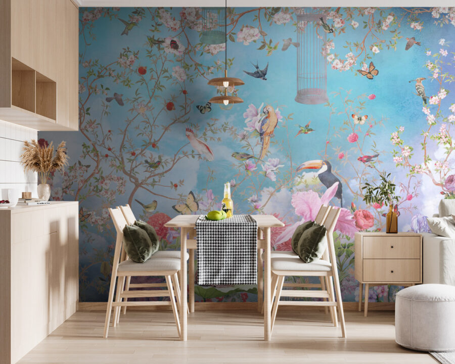 Papel de parede com pássaros e flores Papel de parede com pássaros e flores