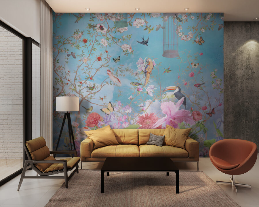 Papel de parede com pássaros e flores Papel de parede com pássaros e flores
