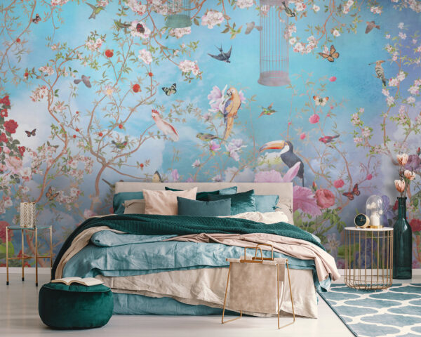 Papel de parede com pássaros e flores Papel de parede com pássaros e flores