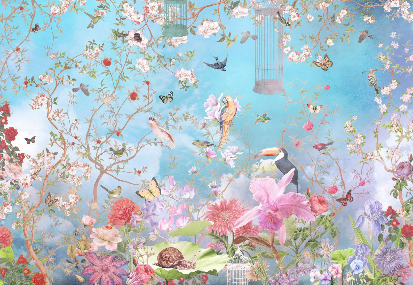Wallpaper with birds and flowers