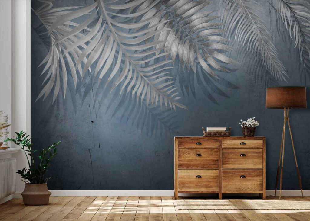 Blue background with silver leaves Blue background with silver leaves