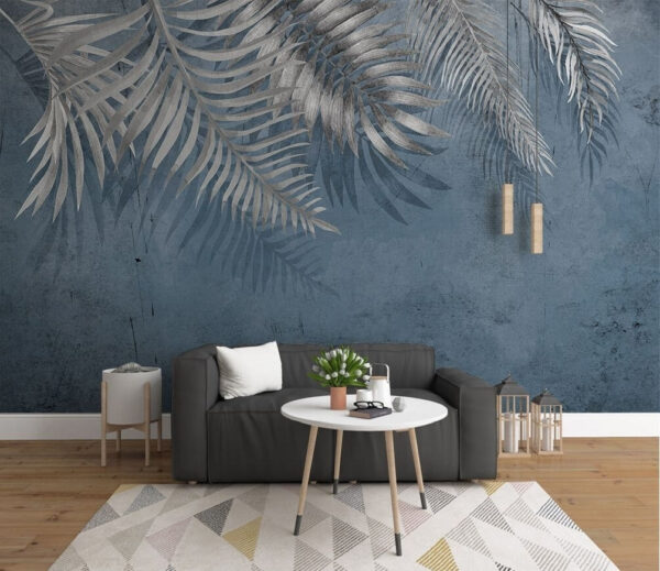 Fundo azul com folhas prateadas Fundo azul com folhas prateadas