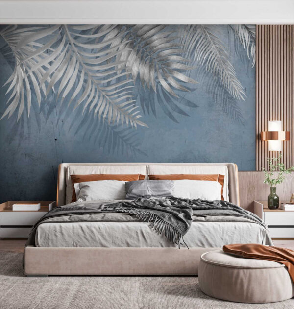 Fundo azul com folhas prateadas Fundo azul com folhas prateadas