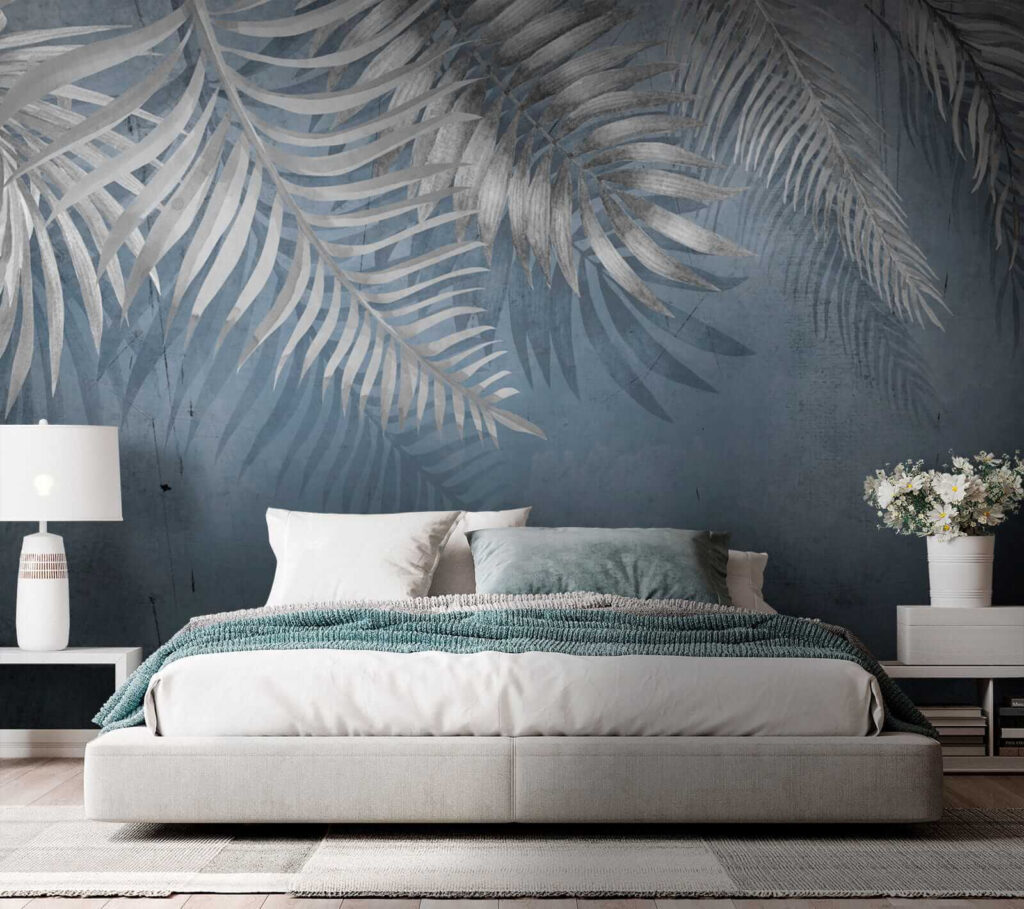 Blue background with silver leaves Blue background with silver leaves