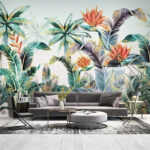 Um grupo de animais numa floresta Papel de parede Plantas e flores tropicais coloridas