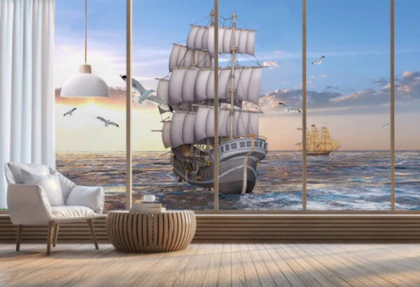 Navio na água com pássaros a voar Navio na água com pássaros a voar