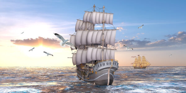 Navio na água com pássaros a voar Navio na água com pássaros a voar