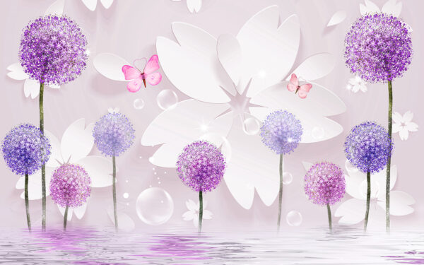 Flores roxas e brancas com borboletas Flores roxas e brancas com borboletas