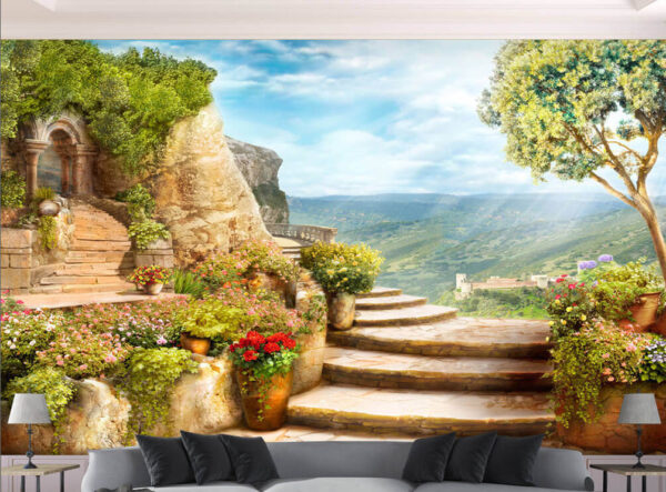 Escadas de pedra com plantas e árvores ao lado Escadas de pedra com plantas e árvores ao lado
