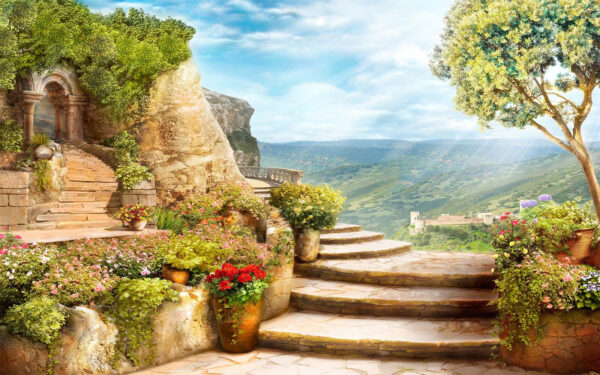 Escadas de pedra com plantas e árvores ao lado Escadas de pedra com plantas e árvores ao lado
