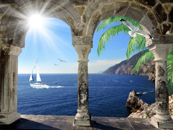 Vista para o oceano a partir de um arco de pedra Vista para o oceano a partir de um arco de pedra