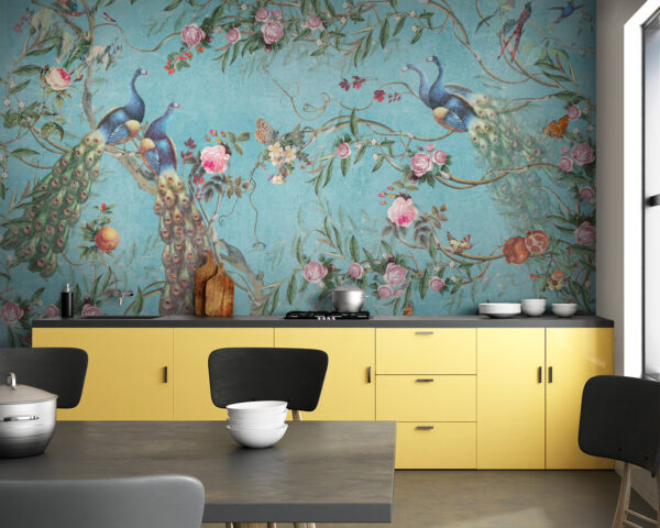 Um papel de parede com pássaros e flores Um papel de parede com pássaros e flores