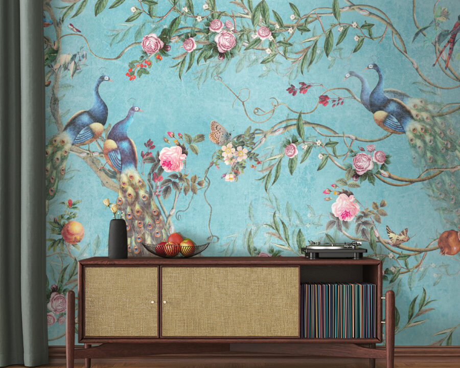 Um papel de parede com pássaros e flores