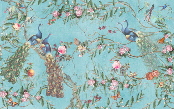 Um papel de parede com pássaros e flores Um papel de parede com pássaros e flores