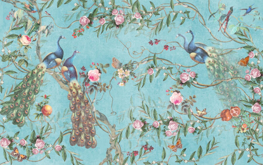 Um papel de parede com pássaros e flores
