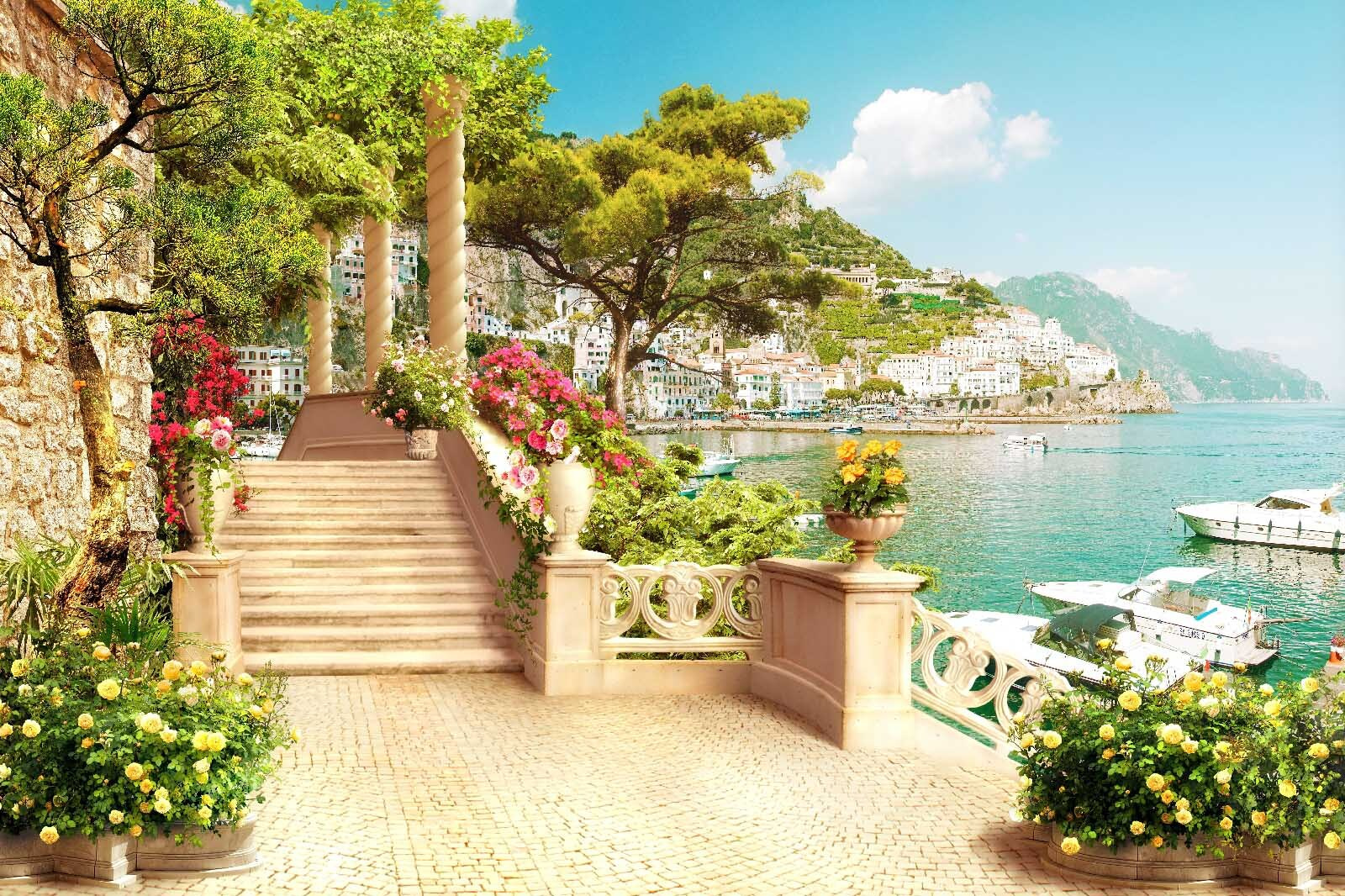 Stone staircase with flowers and trees on the side of the water Stone staircase with flowers and trees on the side of the water