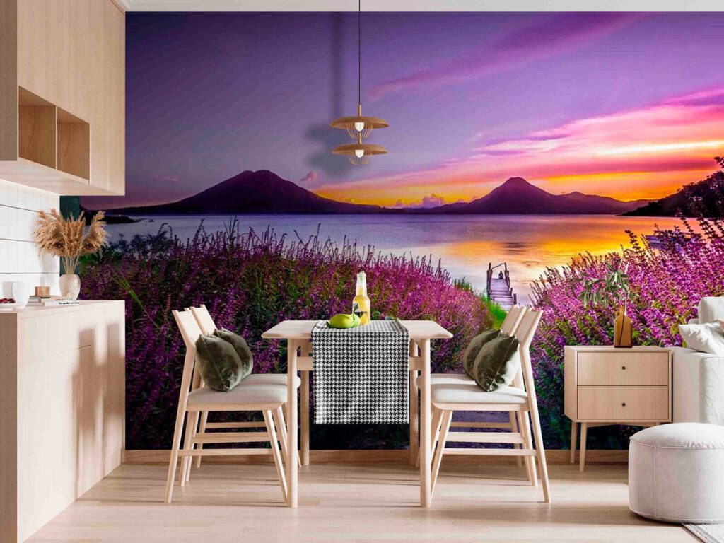 Path leading to a lake with purple flowers Path leading to a lake with purple flowers