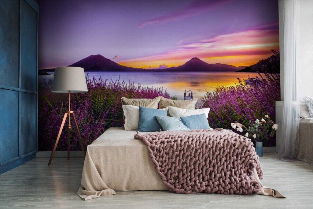 Path leading to a lake with purple flowers Path leading to a lake with purple flowers