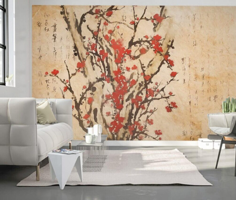Pintura de uma árvore com flores vermelhas