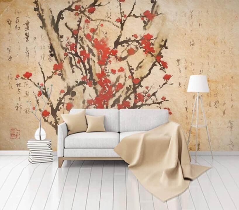 Pintura de uma árvore com flores vermelhas
