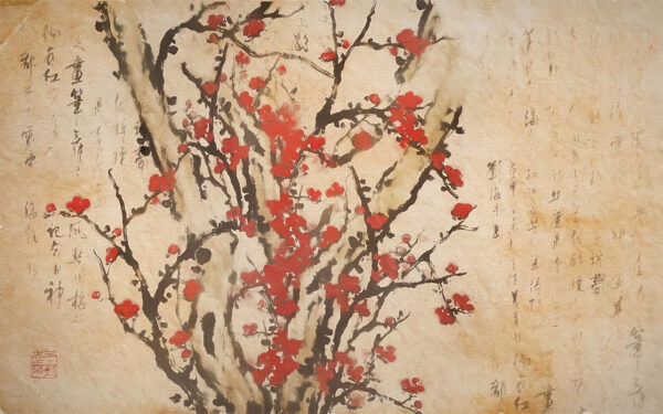 Pintura de uma árvore com flores vermelhas Pintura de uma árvore com flores vermelhas