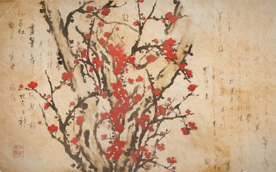 Pintura de uma árvore com flores vermelhas