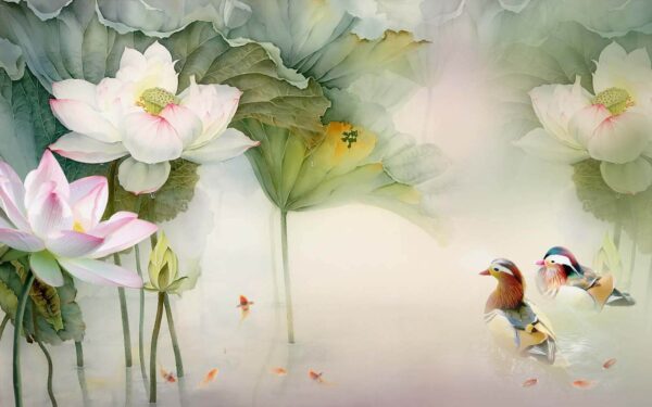Pintura de um pato a nadar num lago com flores Pintura de um pato a nadar num lago com flores