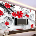 Papel de parede Papel de parede com flores vermelhas e círculos brancos