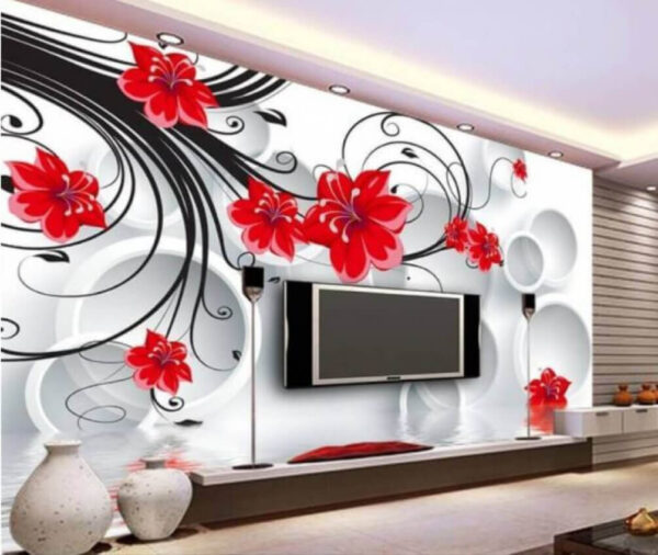 Papel de parede com flores vermelhas e círculos brancos Papel de parede com flores vermelhas e círculos brancos