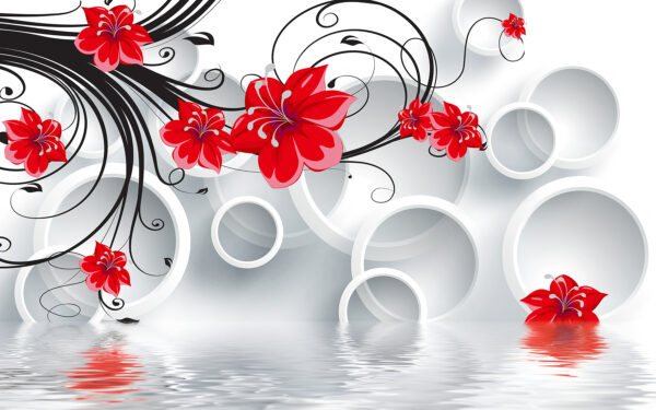 Papel de parede com flores vermelhas e círculos brancos Papel de parede com flores vermelhas e círculos brancos