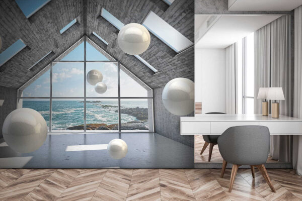 Sala com bolas brancas a flutuar no ar Sala com bolas brancas a flutuar no ar