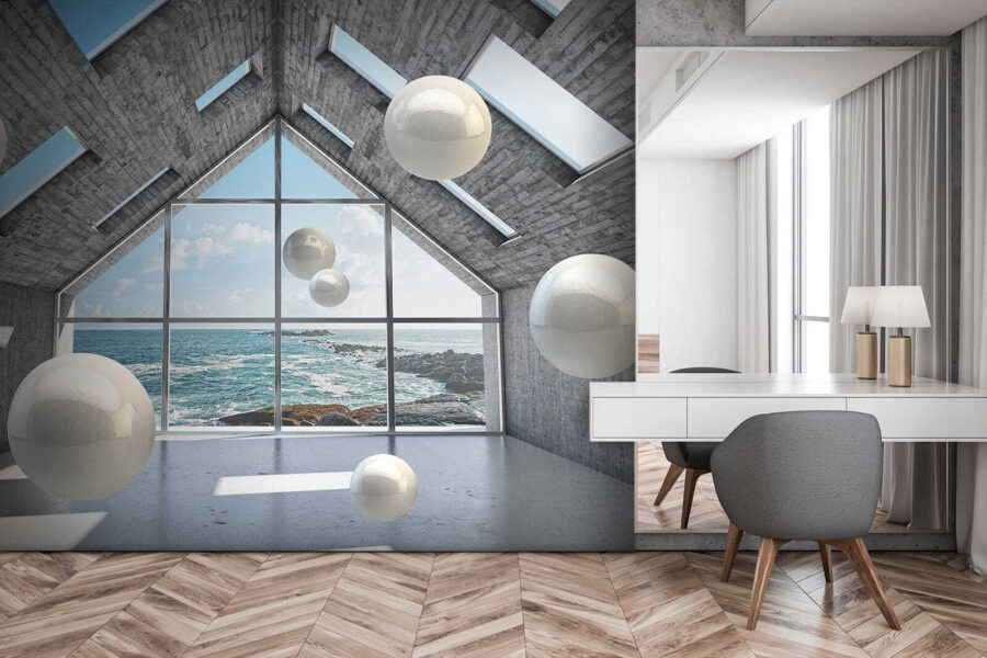 Sala com bolas brancas a flutuar no ar Sala com bolas brancas a flutuar no ar