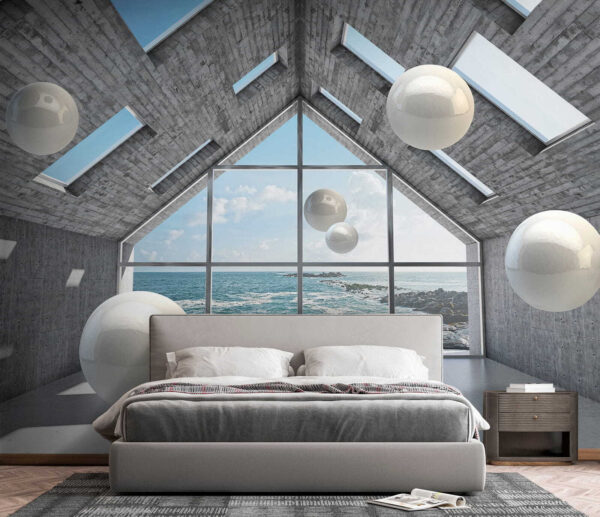 Sala com bolas brancas a flutuar no ar Sala com bolas brancas a flutuar no ar