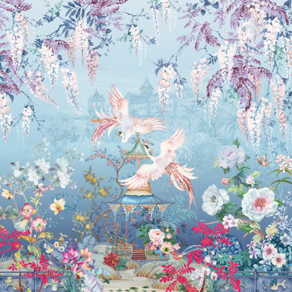 Painting of birds flying over a pagoda and flowers Painting of birds flying over a pagoda and flowers