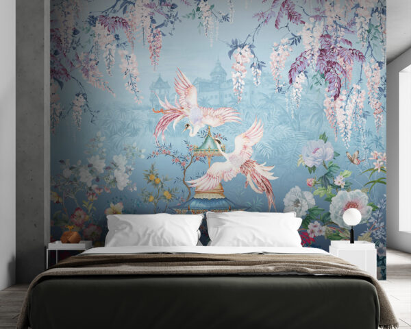 Papel de parede Pintura de pássaros a voar sobre um pagode e flores