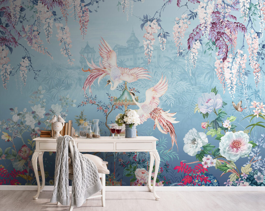 Painting of birds flying over a pagoda and flowers Painting of birds flying over a pagoda and flowers