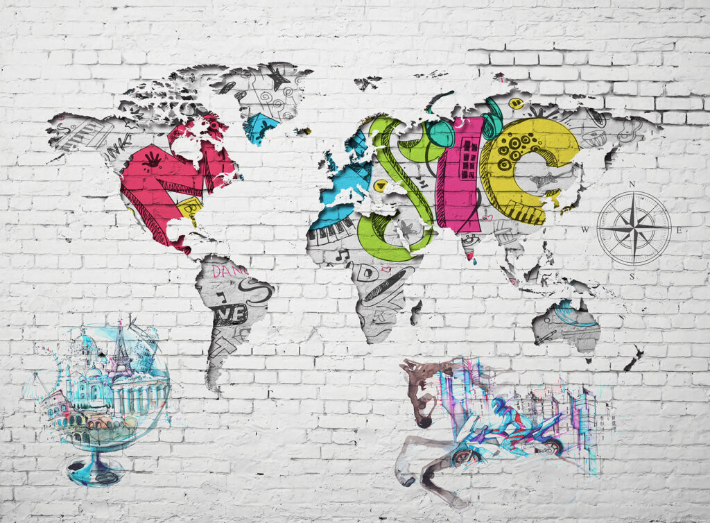 Mapa do mundo pintado numa parede de tijolo Mapa do mundo pintado numa parede de tijolo