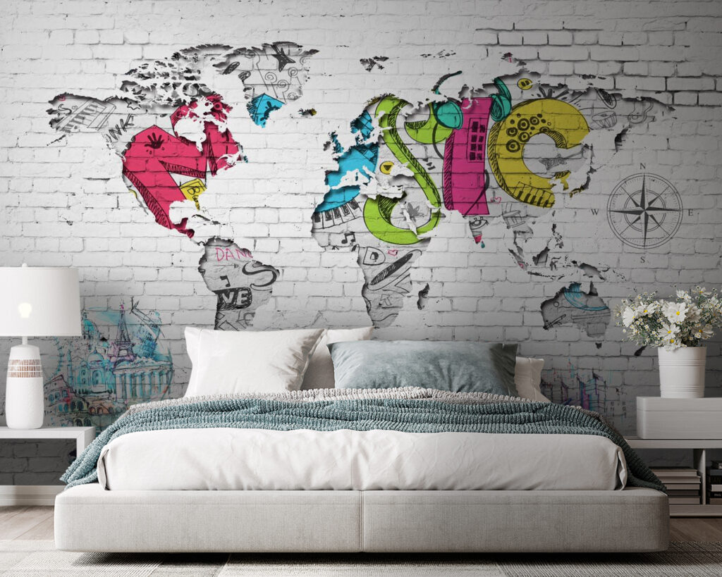 Map of the world painted on a brick wall