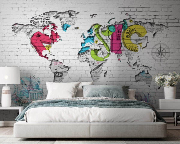 Mapa do mundo pintado numa parede de tijolo Mapa do mundo pintado numa parede de tijolo
