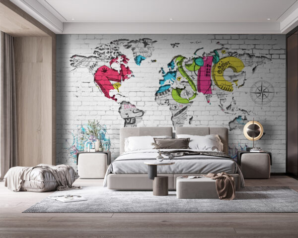 Mapa do mundo pintado numa parede de tijolo Mapa do mundo pintado numa parede de tijolo
