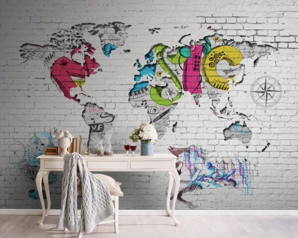 Mapa do mundo pintado numa parede de tijolo Mapa do mundo pintado numa parede de tijolo