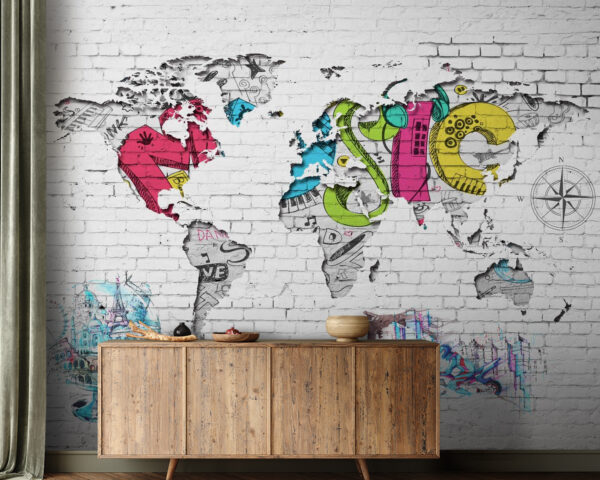 Mapa do mundo pintado numa parede de tijolo Mapa do mundo pintado numa parede de tijolo