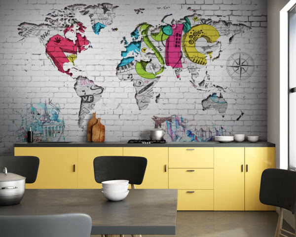 Mapa do mundo pintado numa parede de tijolo Mapa do mundo pintado numa parede de tijolo