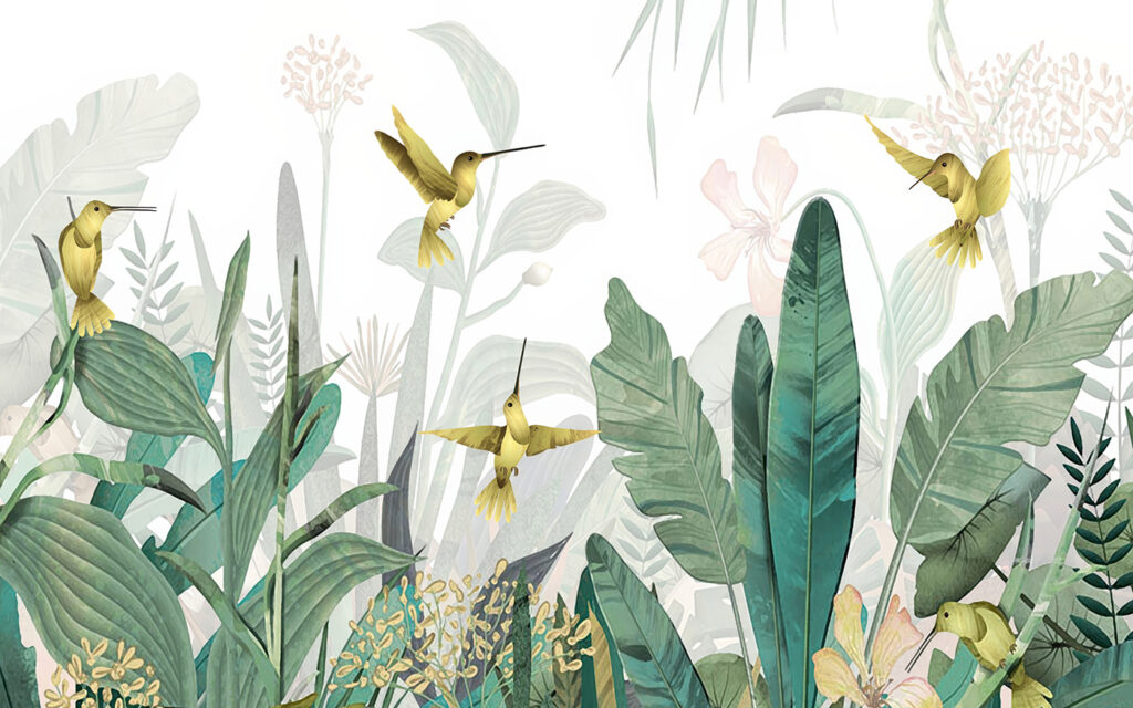 Beija-flores a voar sobre as plantas Beija-flores a voar sobre as plantas