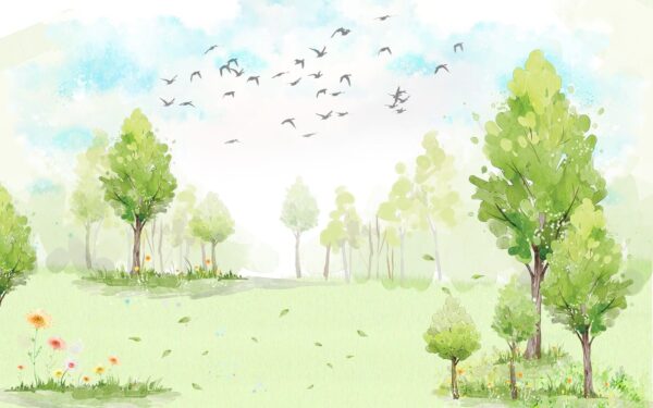 Campo verde com árvores e pássaros a voar no céu Campo verde com árvores e pássaros a voar no céu